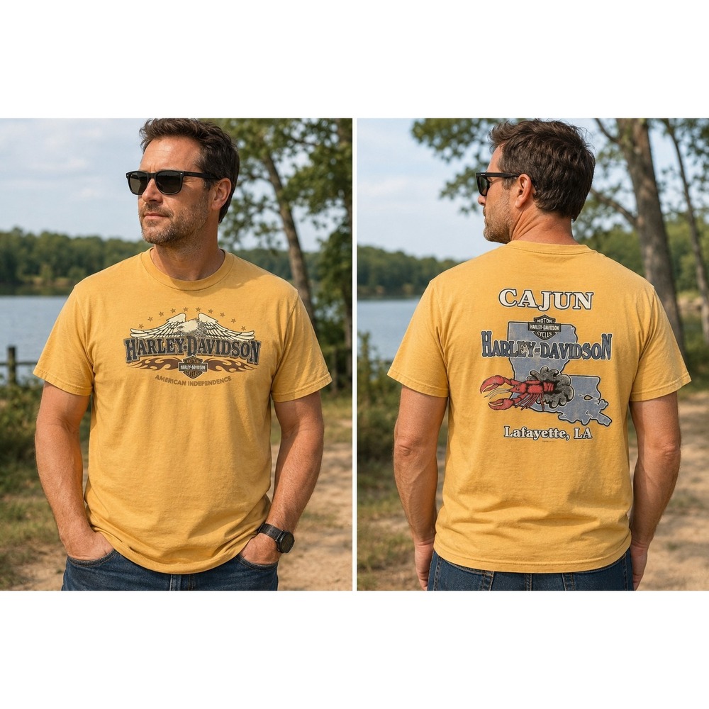 Vintage HARLEY DAVIDSON Men's XL Yellow Short Sleeve T-shirt Cajun -2258